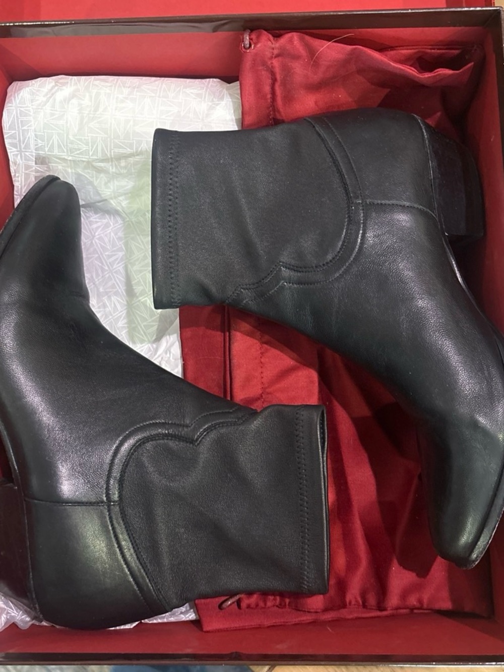 Tamara Mellon Black Leather Ankle Booties with Subtle Western Stitch